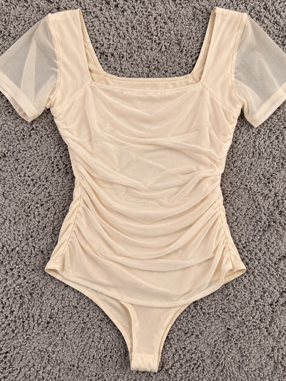 Ivory Ruched Mesh Square Neck Bodysuit Size M